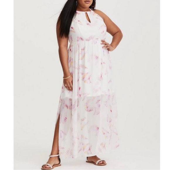 Torrid White Pink Palm Leaf Chiffon Sleeveless Keyhole Cutout Maxi Dress 2X - Picture 1 of 10